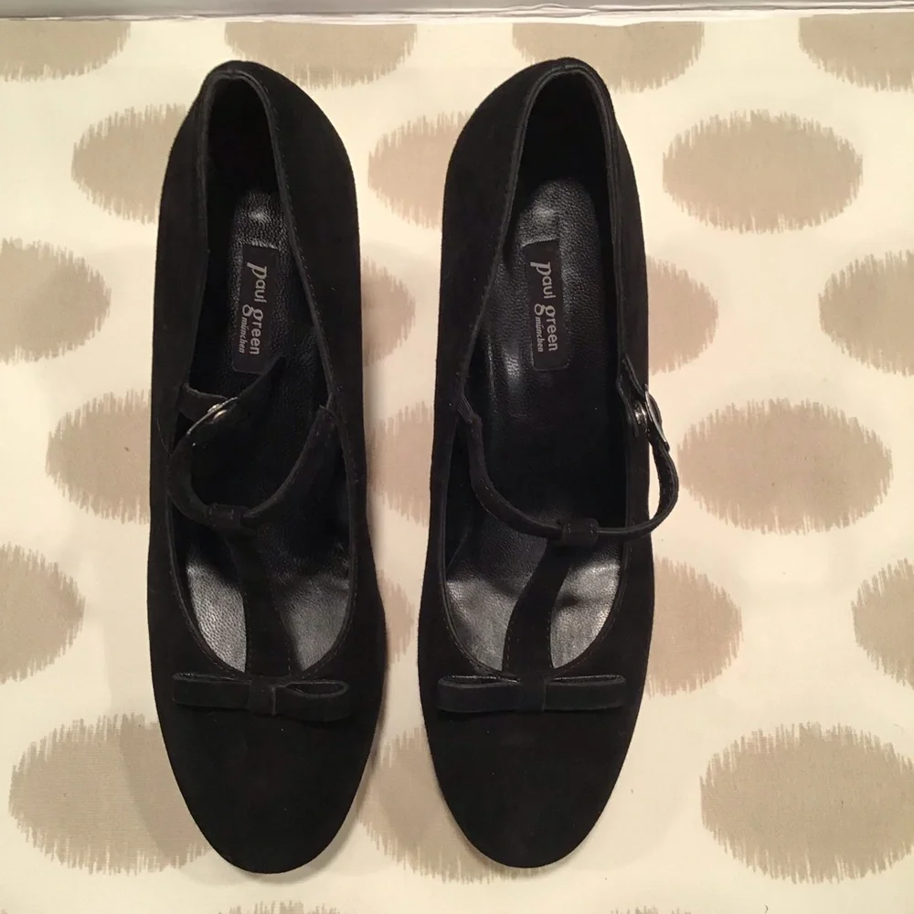 Paul Green‎ Black Suede T-Strap Platform Pumps Sz 8